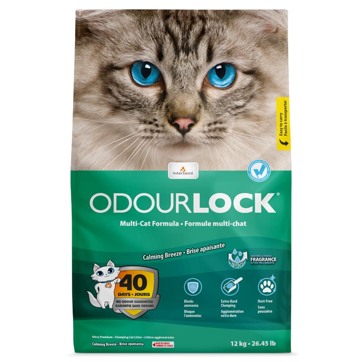 OdourLock Calming Breeze Scented Ultra Premium Cat Litter -Blocks Ammonia, Dust-Free, Extra-Hard Clumping, 40-Day Odor Control, Quick Absorption, No Tracking, Multi-Cat Friendly, Made in Canada 12kg
