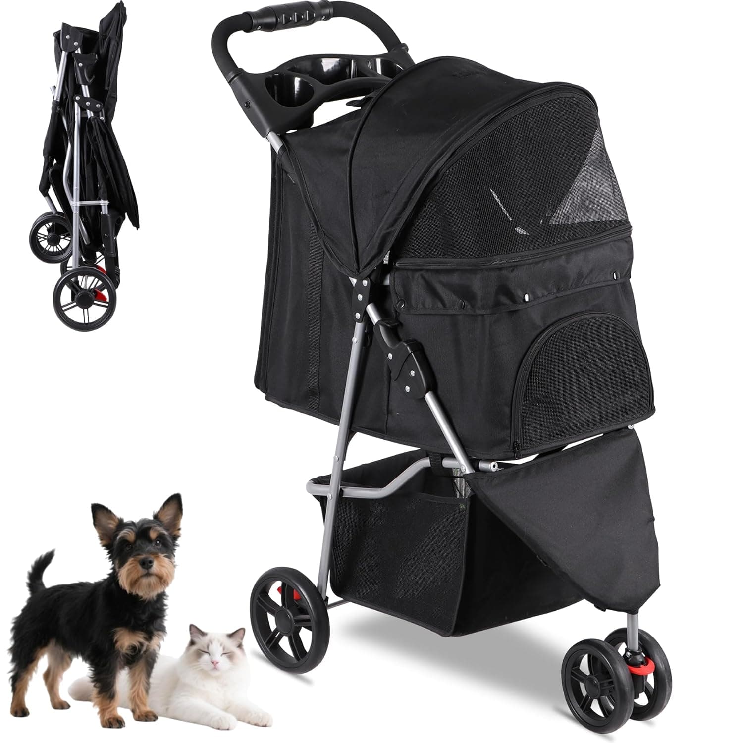Foldable Pet Stroller for Cats and Dogs 3 Wheels Carrier Strolling Cart with Weather Cover, Storage Basket + Cup Holder