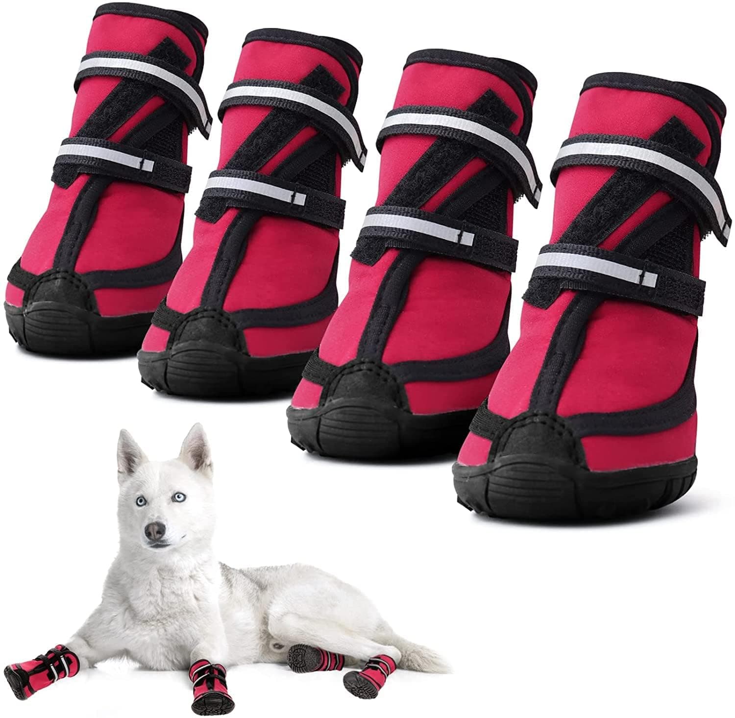 KUTKUT - Dog Pack of 4pcs Boots for Medium Large Dogs, Waterproof Dog Shoes with Nonslip Rubber Soles & Reflective Straps, Pet Booties High-Ankle Paw Protectors for Walking, Hiking, Running - Red, 2XL