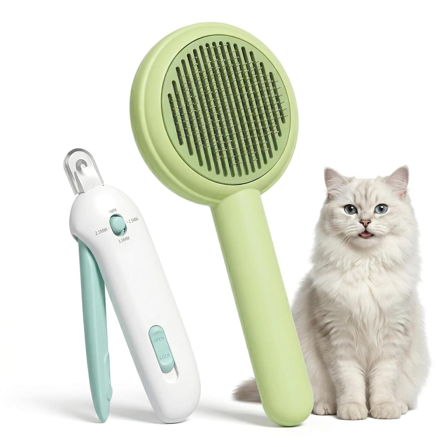 Cat Nail Clipper & Self Cleaning Slicker Brush | Pack of 2 Grooming Combo | Nail Trimmer with Depth Guide & Safety Lock | Cat Deshedding Brush for Shedding & Coat Care | Kittens & Cats