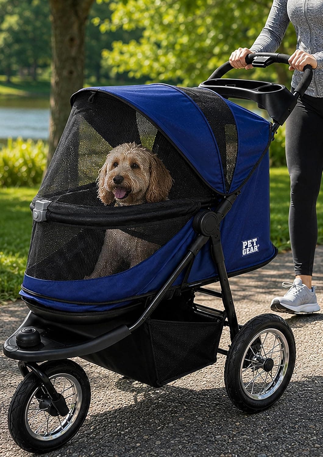 Pet Gear No-Zip Jogger Pet Stroller for Cats/Dogs, Zipperless Entry, Airless Tires, Easy One-Hand Fold, Cup Holder + Storage Basket, Sapphire