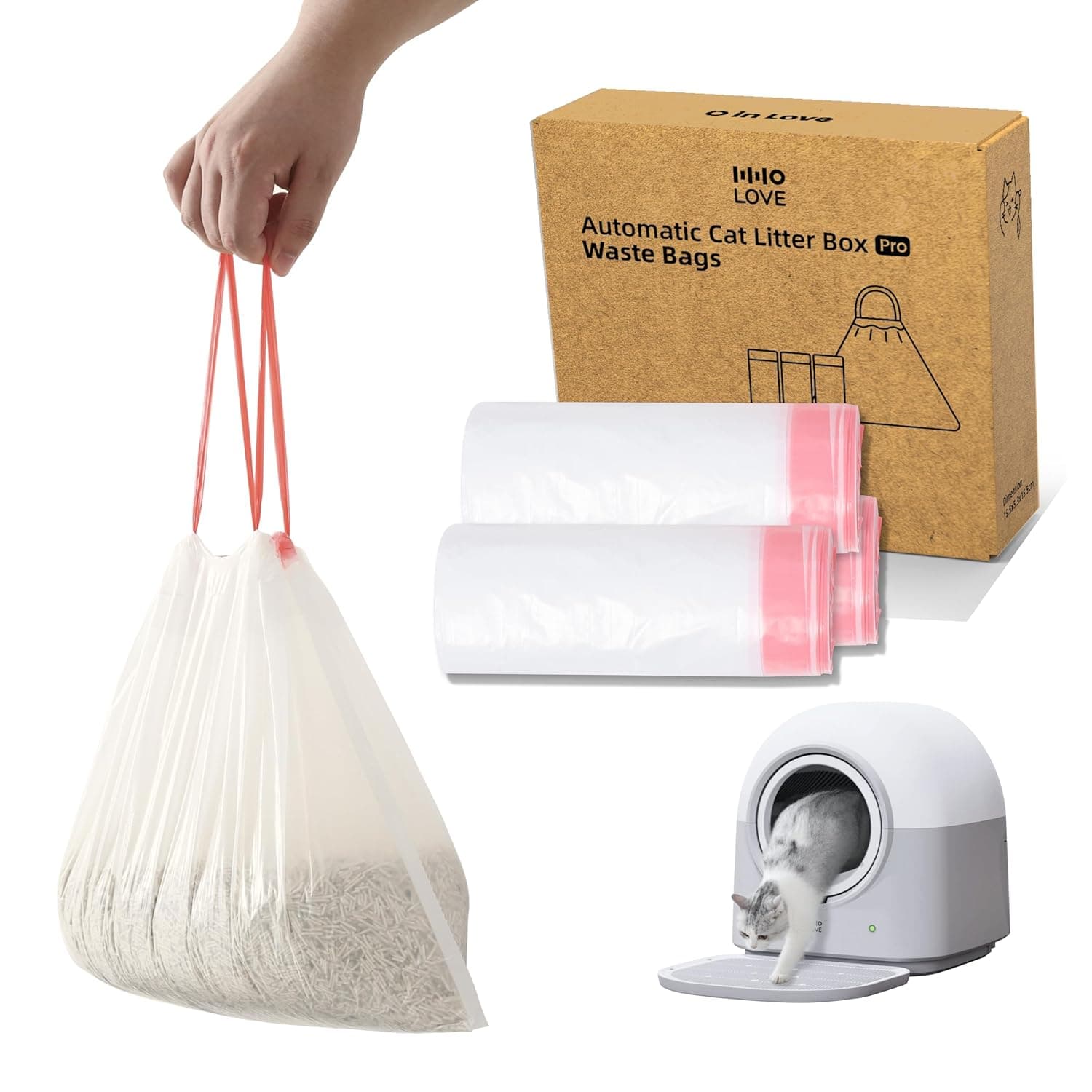 HHOLOVE Self Cleaning Cat Litter Box Liner(60 Count), 60L Automatic Cat Litter Box Extra Large No More Scoop, Anti-Pinch for Cat 3-22lbs, Advanced Odor Control (Pink)