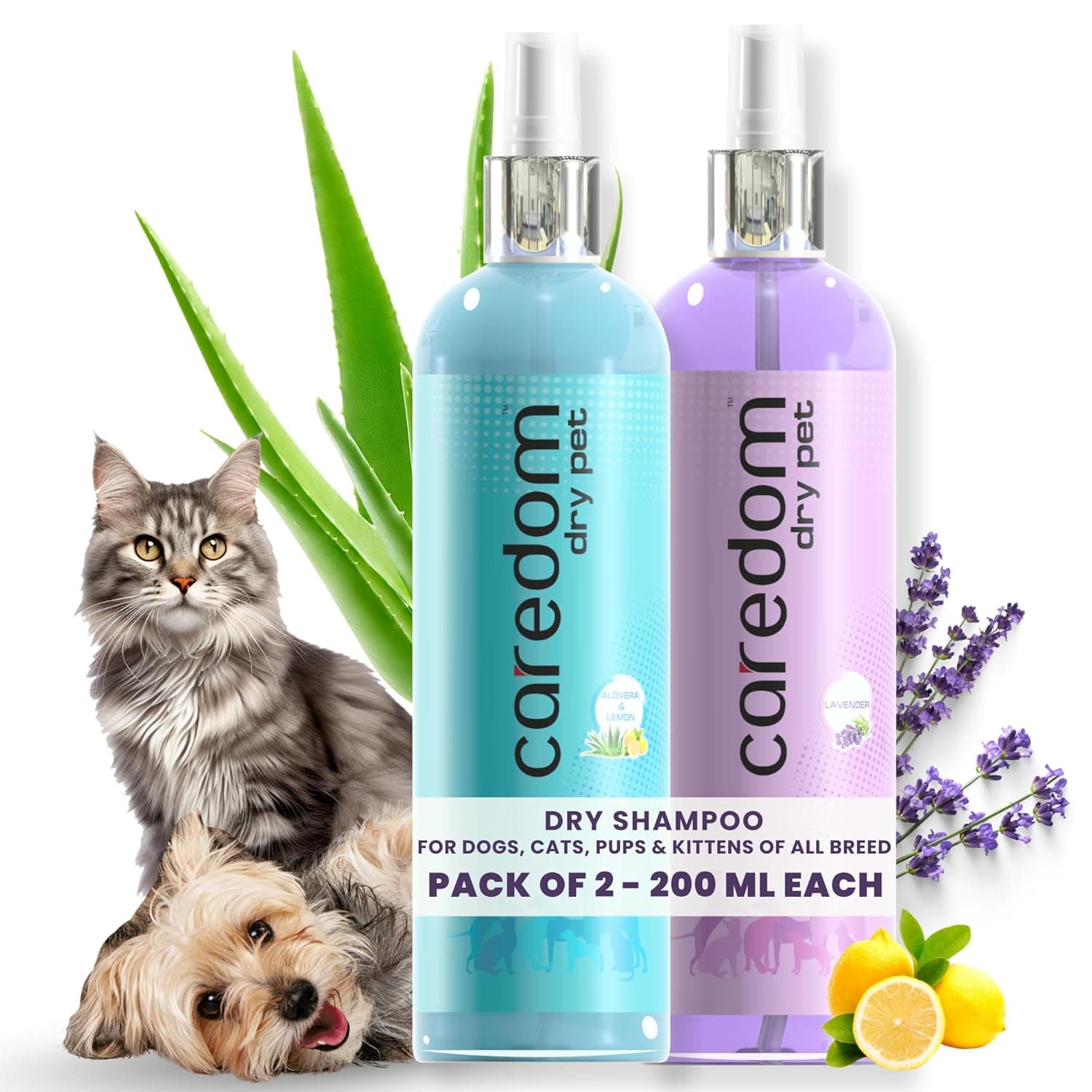 Dry Pet Shampoo 200 ml Pack of 2 | Aloe Vera & Lemon + Lavender | Waterless Grooming Combo | Instant Freshness & Calming Floral Care | Quick No Rinse Pet Cleanser for Dog Cat Puppy Kitten