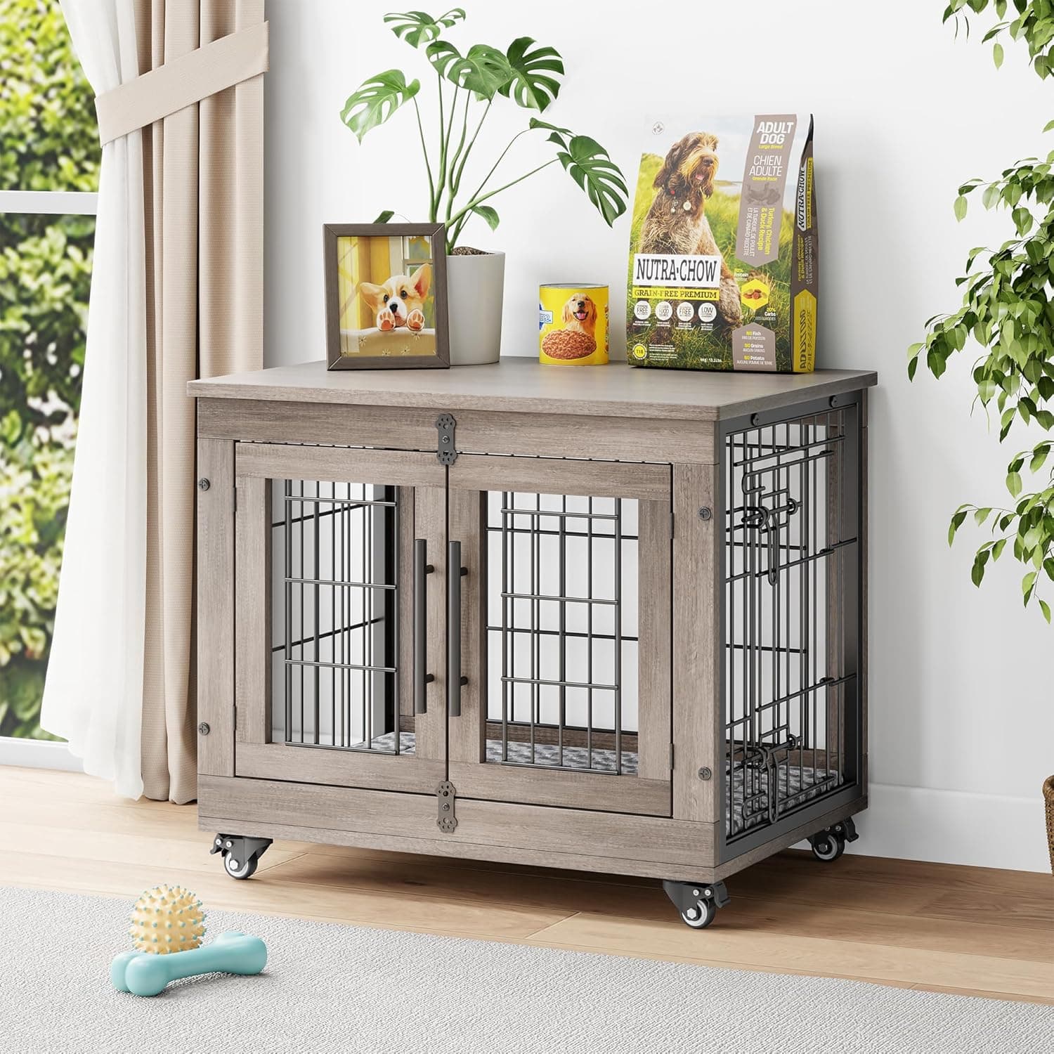 YaFiti Dog Crate Furniture with Cushion, Wooden Dog Kennel Indoor with Double Doors, Dog Cage with Wheels, Dog House Side End Table for Small Dogs up to 30 lb, 27.2" L, Grey