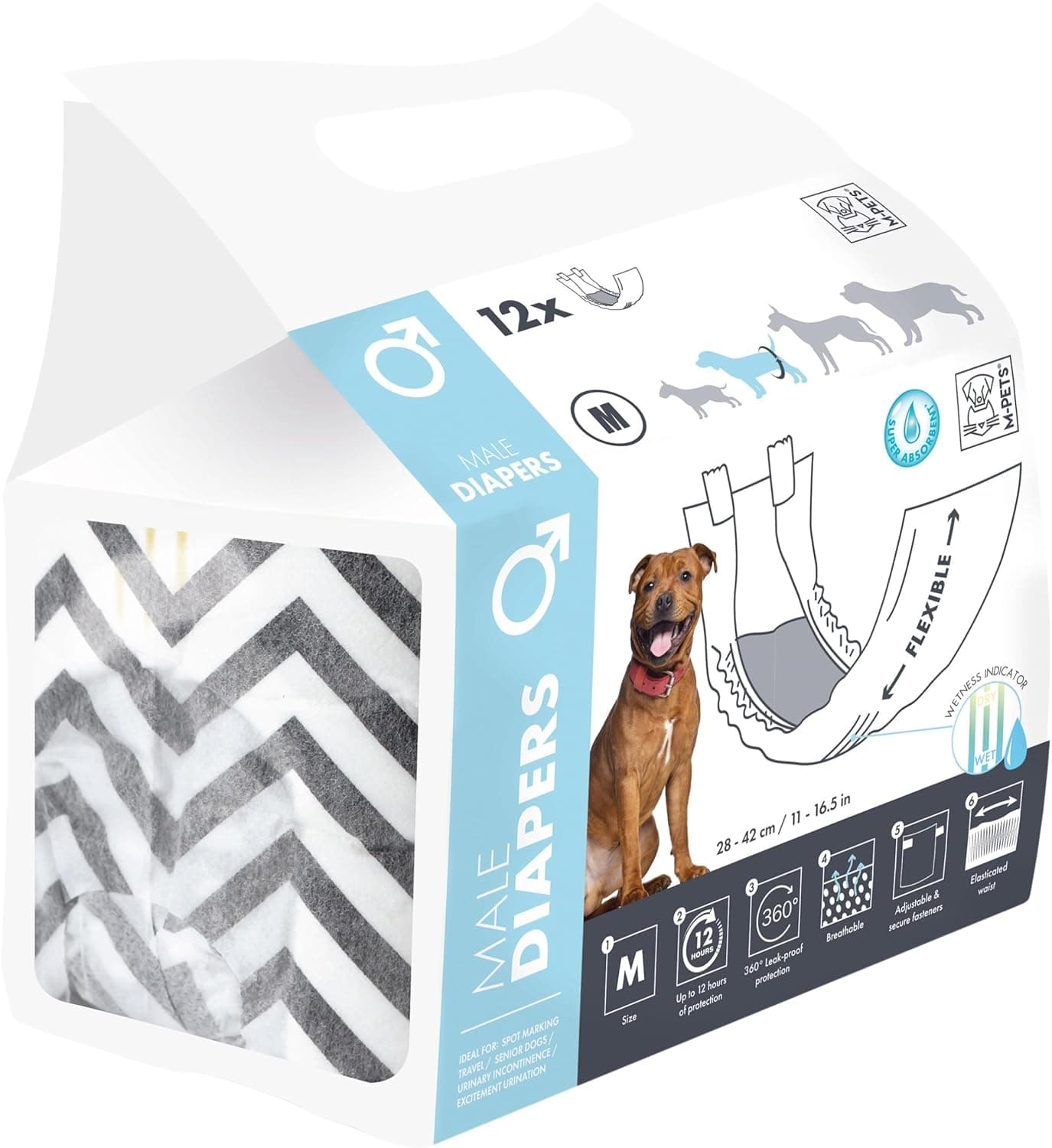 M-PETS Male Disposable Dog Diapers, Ultra Absorbent with Wetness Indicator, 12 Hour Protection, Adjustable Fasteners, Travel, Excitable Urination & Incontinence, Waist: 20-55 cm, Medium (Pack of 12)
