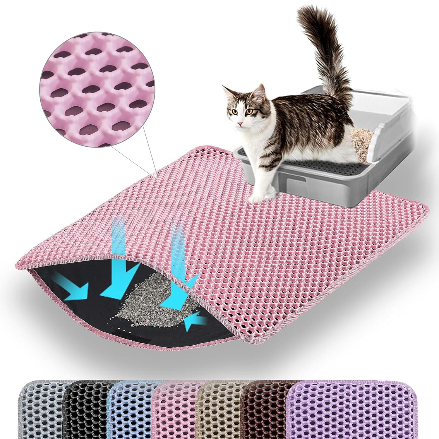 Cat Litter Mat, 60x45cm Large Honeycomb Double Layer Cat Litter Mat Trapper, Non Slip Waterproof Urine Proof Cat Litter Box Mat for Floor, Cat Supplies and Essentials, Pink